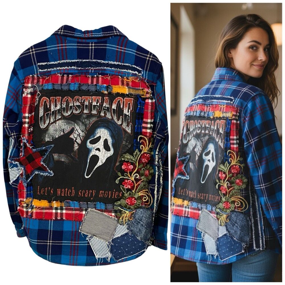 Upcycled Flannel Shirt Womens Large Shacket Ghostface Grunge Scary Movies Blue